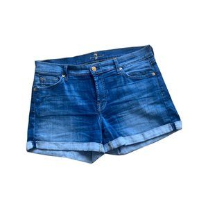 7 For All Mankind Blue Denim Rolled-Hem Shorts